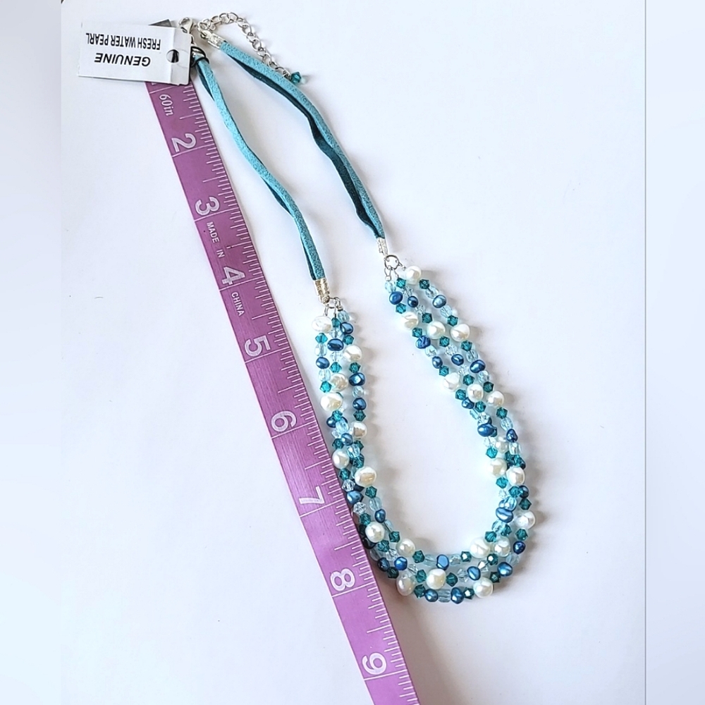 BLUE & WHITE PEARL & AQUA CRYSTAL NECKLACE - TRIPLE STRAND, STERLING CLASP - Picture 8 of 10
